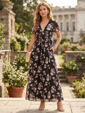 Ryan Michelle Floral Wrap Maxi Dress Black Pink Boho Chiffon Flutter Sleeve M